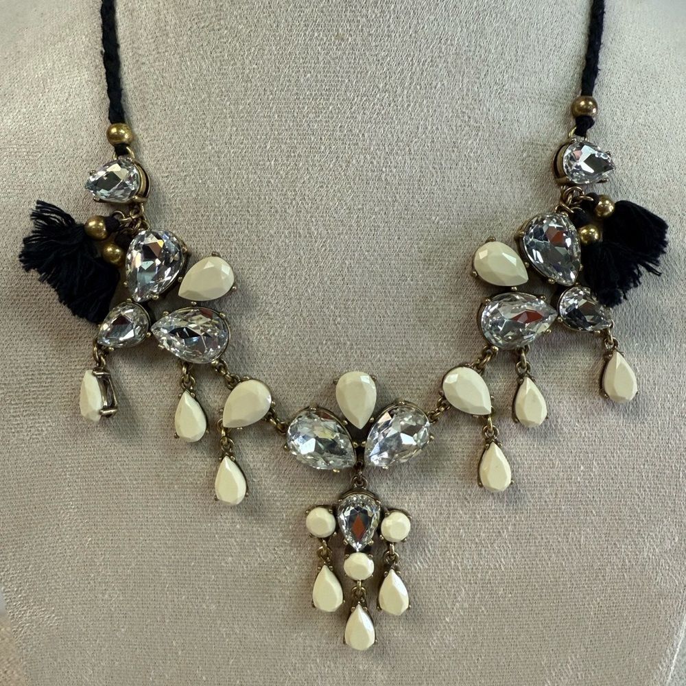 J Crew Gold Clear Cream Black Rope Tie Tassel Statement Necklace